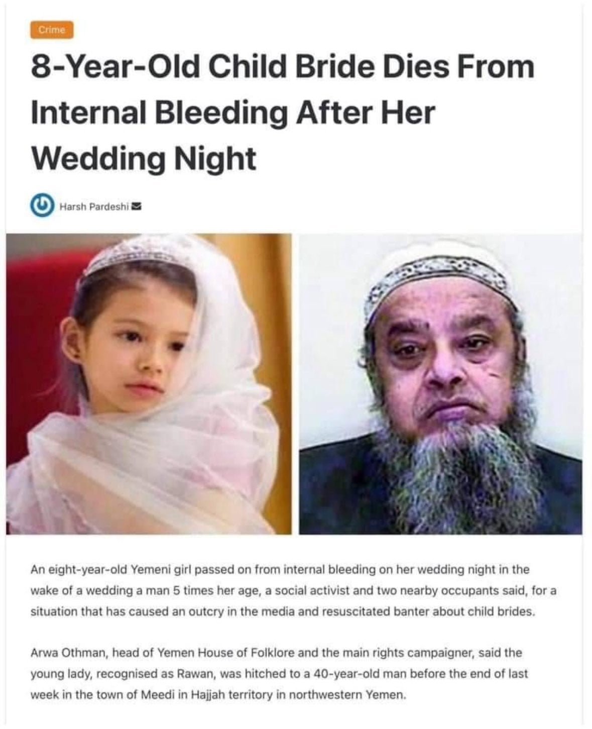 8-Year-Old Child Bride Dies From Internal Bleeding